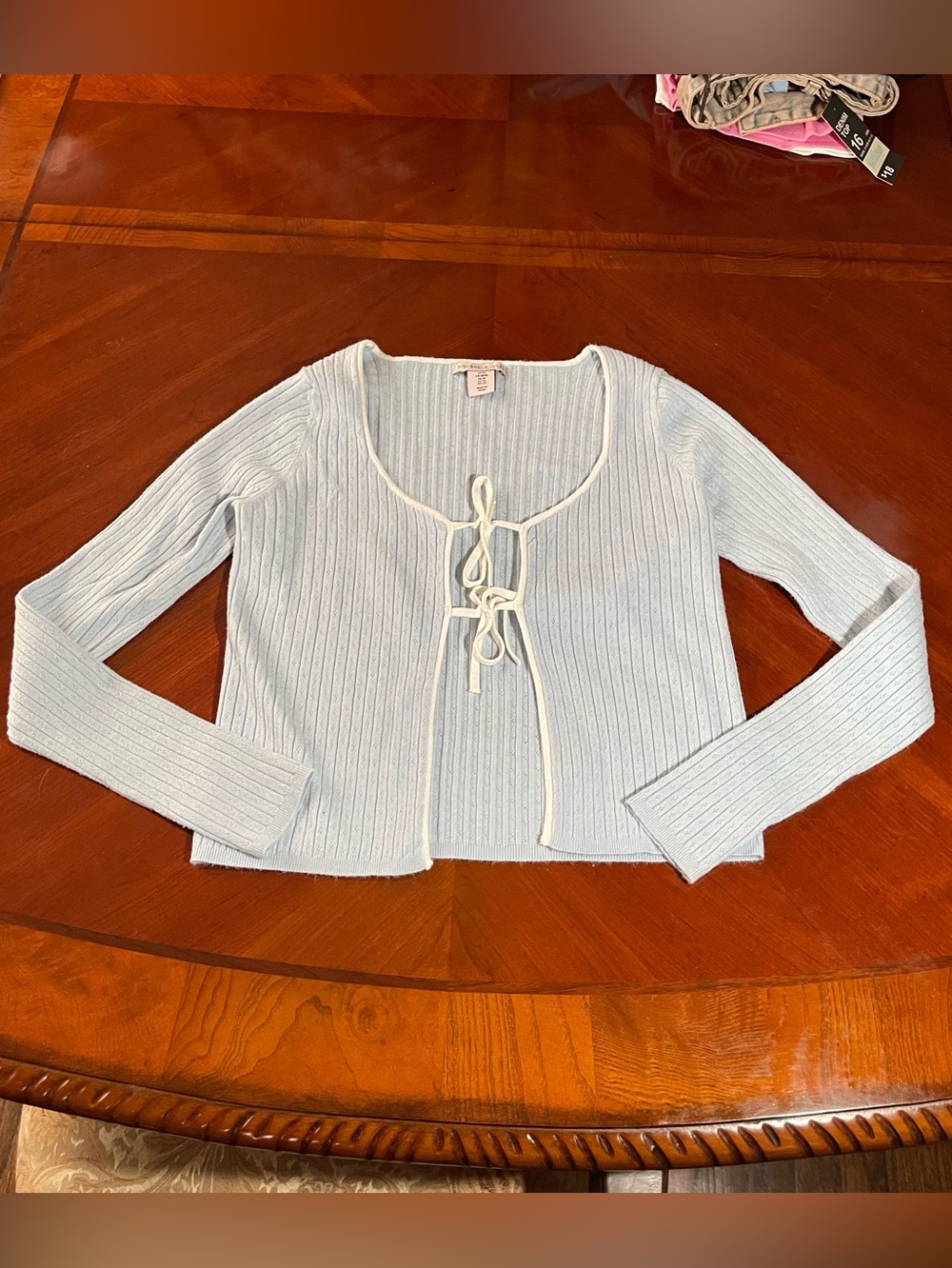 Light Blue Ribbed Tie-Front Women's Cardigan